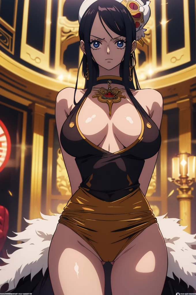 NSFW, pornographic, ((Nos ( one piece) : 1.9)) em um luxuoso vestido branco e dourado, (No Casino), estilo wano, usa um vestido puro, Roupa bonita e elegante, Lindo rosto expressivo, ((olhos ultra detalhados)), Tatuagem no ombro, Seios enormes, Bunda bonita e volumosa, Soberbo detalhado , camelto, super detalhado, 4k, Hentai Illustration,