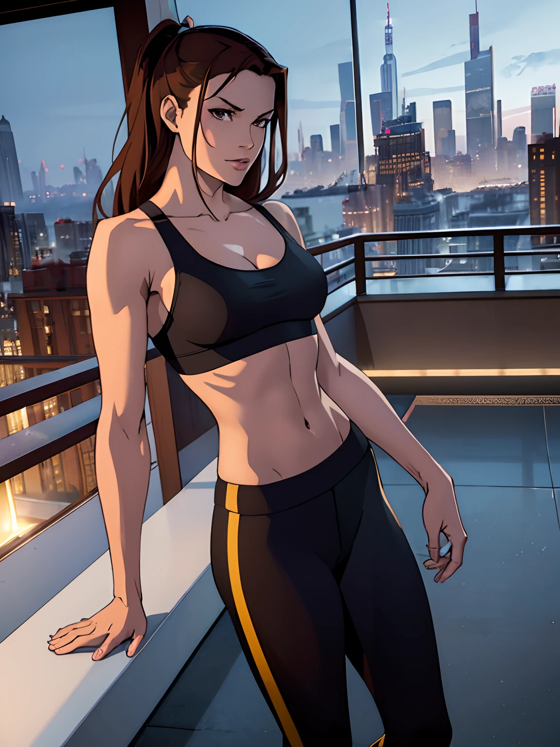 (masterpiece, top quality, best quality, official art, beautiful and aesthetic:1.2), (1girl:1.3), (gorgeous face), age19, long light brown hair, honey colored highlights, hazel eyes, brown eyes, tanned skin, C-cup, full breasts, slender body, (full body:0.6), detailed background, close up, (airy modern theme:1.1), arched back, flexing, smirk, mysterious, standing on roof top, sports bra, leggings, wet, workout gear, city skyline, well-lit, slim waist, slim hips, long legs, modern, background, dark mysterious lighting, shadows, magical atmosphere, high angle,