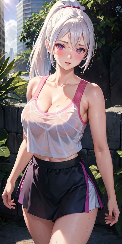 realistic, 1girl, ponytail, parted lips, blush, makeup, light smile, white hair, sportswear, skirt, wet clothes, glow, thighs, purple eye, bare shoulders, collarbone, narrow waist, sunbeam, sunlight, rose, wind, cleavage, (masterpiece), sweat,