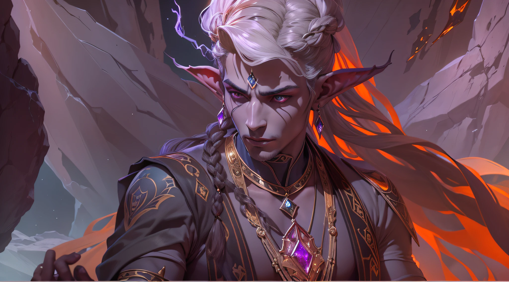 desktop, Dunmer Dark Elf Male, Strange Minerals, Discreet hairstyle, braids, hairlong, elf ears, Ash Grey Skin , Next to the Great Rock Crystal Druze Amethyst Drusen, Mineral Dispersion, Elegantly, Masterpiece, Alphonse Mucha's style, Jugendstil+ghotic, Doubleexposure, The red background predominates, glares, crystals, glistering, Sparkling eyes, severe, narrow lips, Focused gaze, Pronounced skin texture, Gloomy lighting, Inspired by the musical composition of the Cave of the Mountain King
