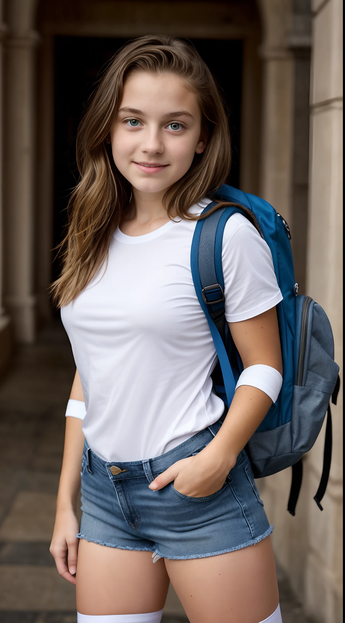 -teen, European,nde, small breasts, close-up on breasts, big eyes, short-sleeved t-shirt, denim shorts, white tights, backpack, ray tracing, HDR