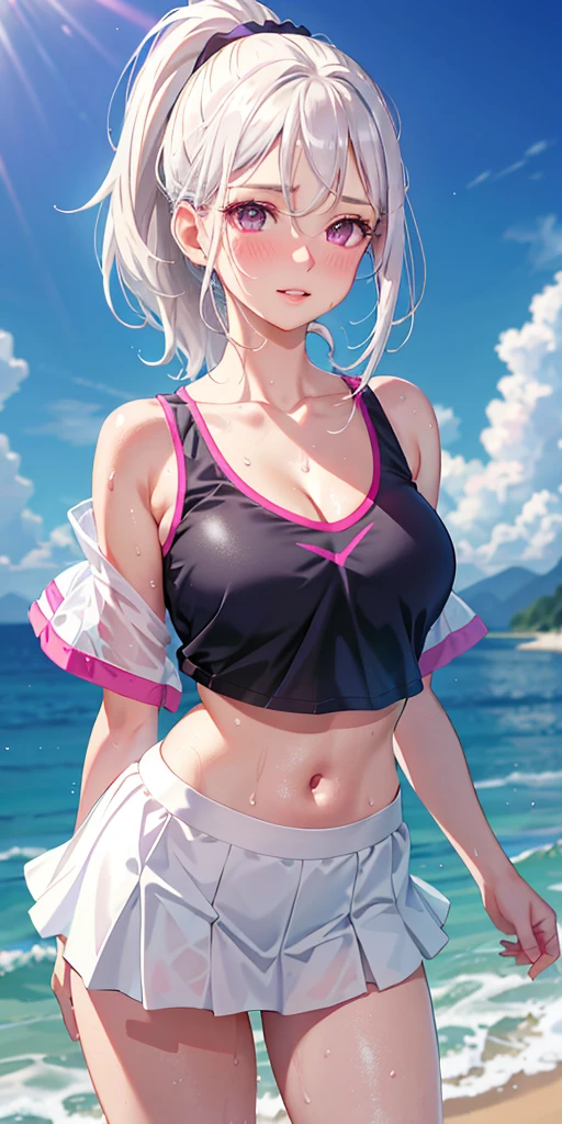 realistic, 1girl, white hair, purple eyes, parted lips, blush, makeup, light smile, bikini, beach, sweat,  light rays, glow, thighs, collarbone, narrow waist, (masterpiece), wallpaper, full frontal shot, zoomed in