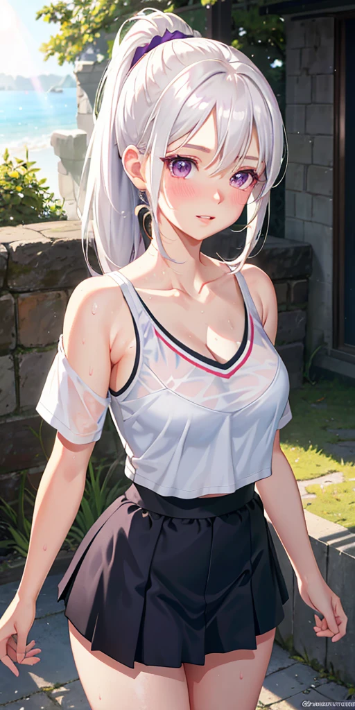 realistic, 1girl, ponytail, parted lips, blush, makeup, light smile, white hair, sportswear, skirt, wet clothes, glow, thighs, purple eye, bare shoulders, collarbone, narrow waist, sunbeam, sunlight, rose, wind, cleavage, (masterpiece), sweat,