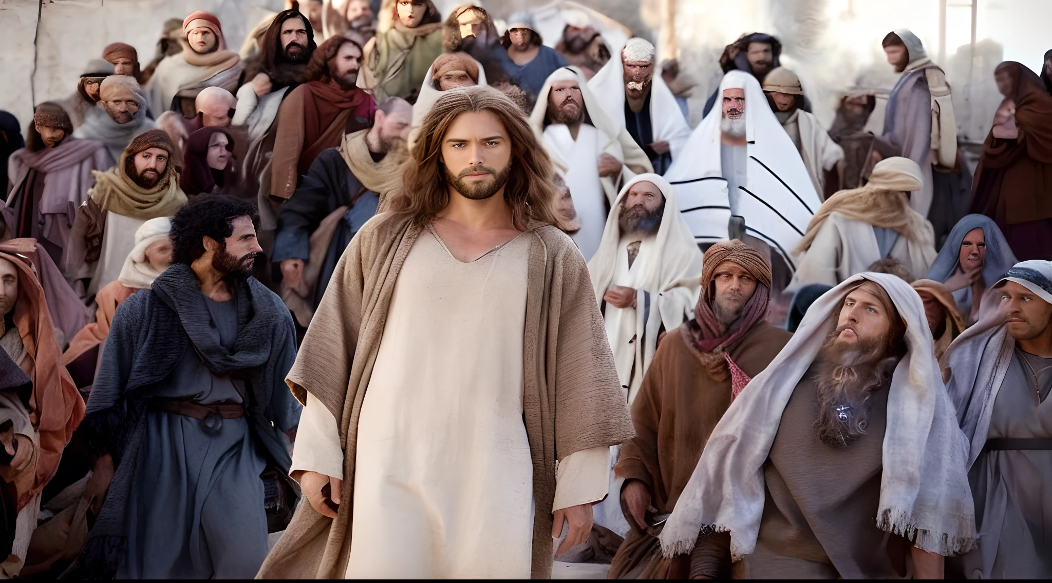 seated (Jesus), centered (Jesus), on a rock, under a tree, a man of tan color, with long hair and beard, green eyes, wearing a long beige tunic, 4k, hdr, detailed, pasty field background, pasty farm field as background, lean body without hair