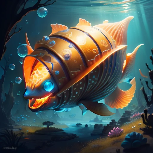 anthill shaped like a shell, glowing bubbles floating, one fish, game design, fantasy, high quality