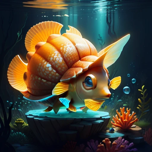 anthill shaped like a shell, glowing bubbles floating, one fish, game design, fantasy, high quality
