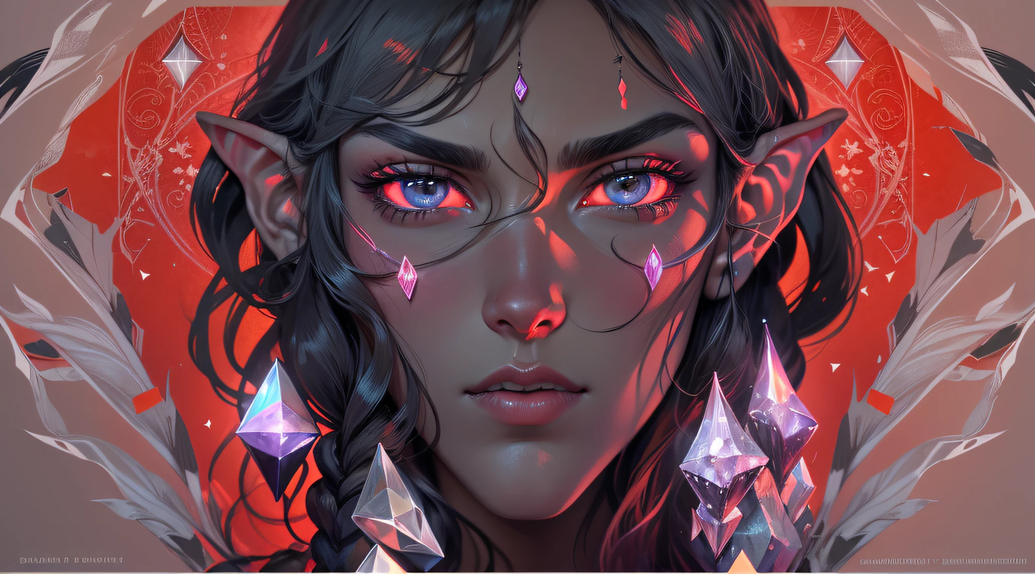 desktop, Dunmer Dark Elf Male, Strange Minerals, Discreet hairstyle, braids, long black hair, elf ears, Ash Grey Skin , Next to the Great Rock Crystal Druze Amethyst Drusen, Mineral Dispersion, Elegantly, Masterpiece, Alphonse Mucha's style, Jugendstil+ghotic, Doubleexposure, The red background predominates, glares, crystals, glistering, Sparkling eyes, severe, narrow lips, Focused gaze, Pronounced skin texture, Gloomy lighting, Inspired by the musical composition of the Cave of the Mountain King