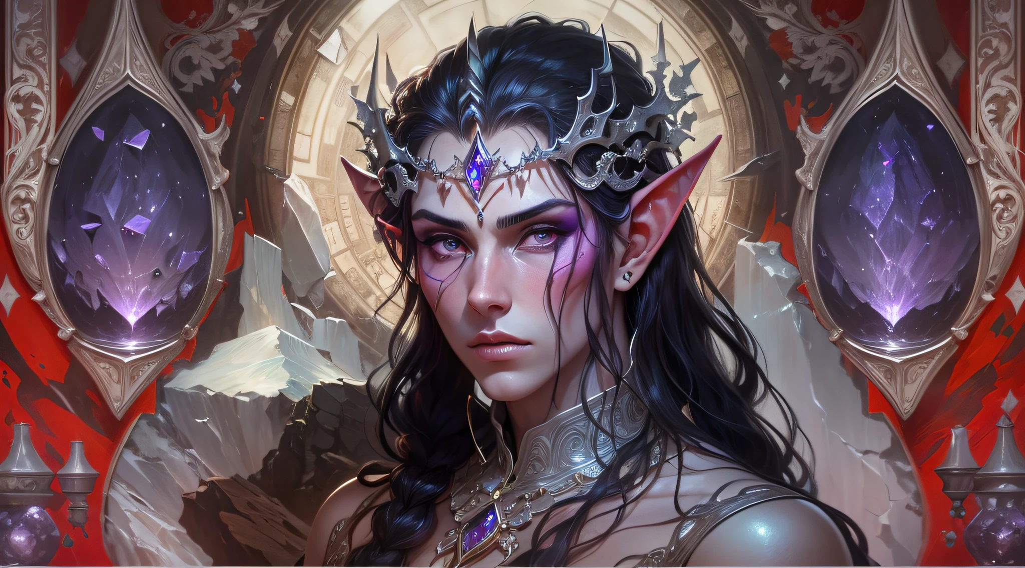 desktop, Dunmer Dark Elf Male, Strange Minerals, Discreet hairstyle, braids, long black hair, elf ears, Ash Grey Skin , Next to the Great Rock Crystal Druze Amethyst Drusen, Mineral Dispersion, Elegantly, Masterpiece, Alphonse Mucha's style, Jugendstil+ghotic, Doubleexposure, The red background predominates, glares, crystals, glistering, Sparkling eyes, severe, narrow lips, Focused gaze, Pronounced skin texture, Gloomy lighting, Inspired by the musical composition of the Cave of the Mountain King