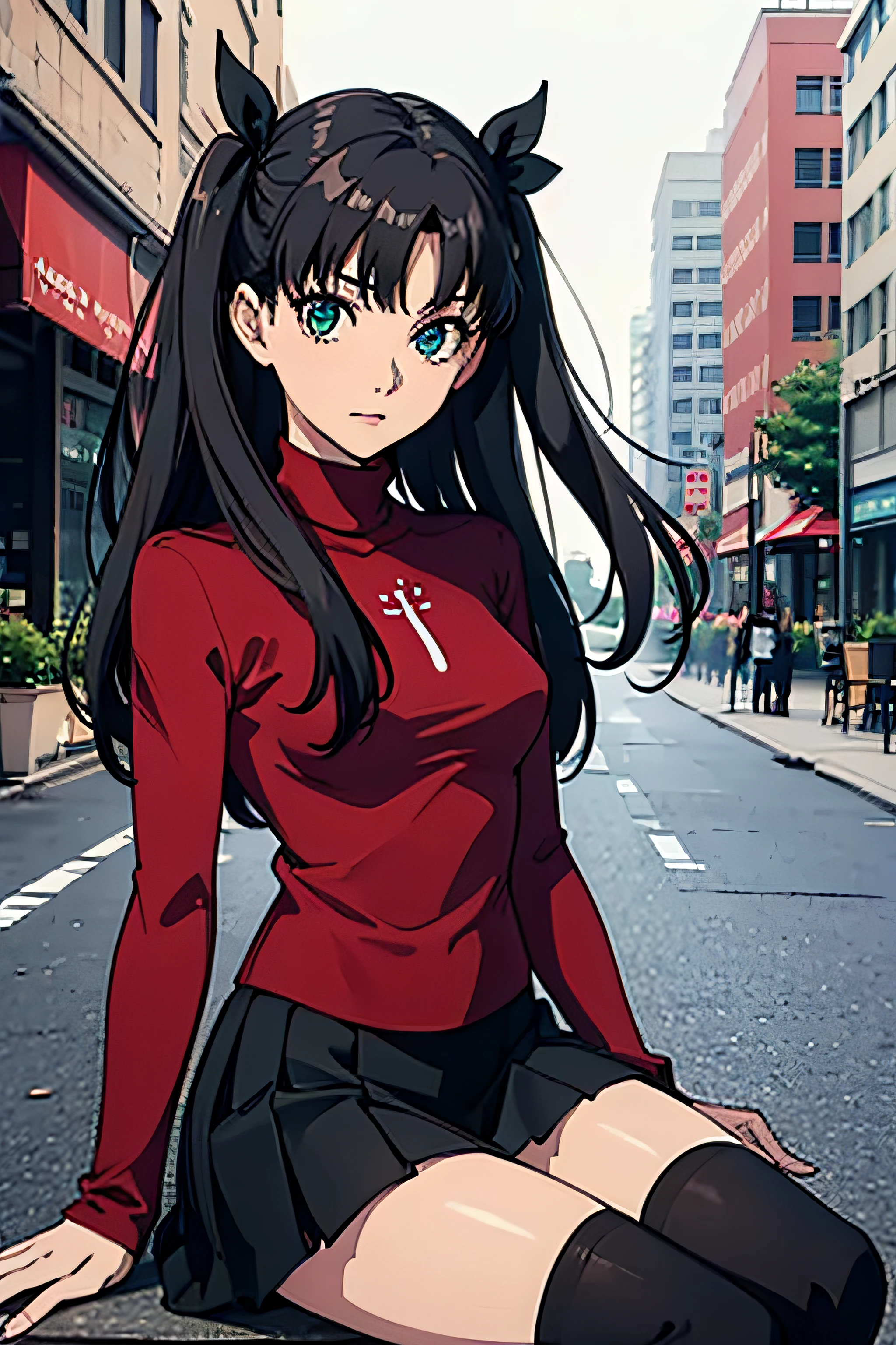 (masterpiece), best quality, expressive eyes, perfect face, 1girl, solo, rintohsaka, rin tohsaka, aqua eyes, black hair, hair ribbon, long hair, ribbon, sidelocks, two side up, black skirt, black thighhighs, long sleeves, miniskirt, pleated skirt, ((red sweater)), skirt, sweater, thighhighs, turtleneck, city background, sitting, character sheet, upper body, portrait, looking at viewer