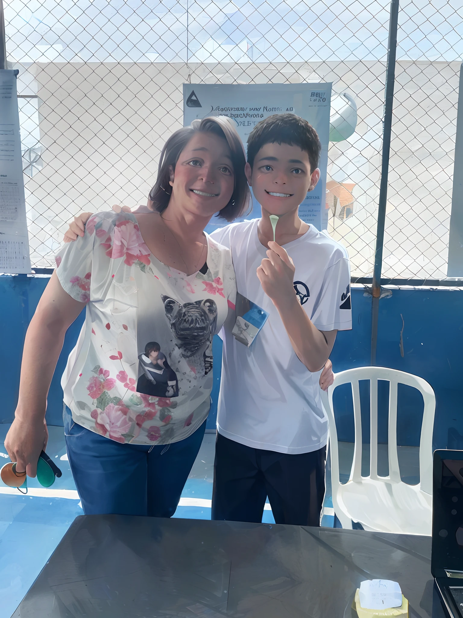 There are two people next to a table with a tennis racket, Directed by: Samuel Silva, by Amelia Peláez, Directed by: Teresa Fasolino, Directed by: Emerson Silva, Directed by: David Ruby, Directed by: Nandor Soldier, with a kid, mateus 9 5, Malika Favre, Directed by: Luis Miranda, Directed by: Daniel Lieske, Directed by: Daniel Schultz