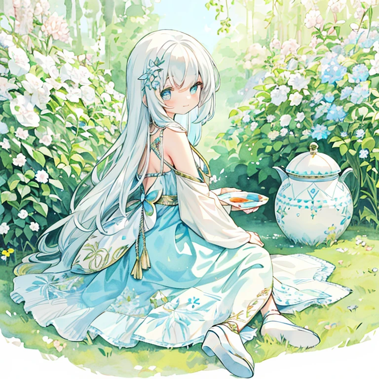 Fairy feathers on the back：1.5，Transparent watercolor,girl,Jewel Eyes,Beautiful arrangements and motifs、A slight smil、Girl sitting in a control pot, light blue and white, Vintage Pattern Dress, high-heels, long white hair, Looking back、A smile：1.0、Beautiful fece、depth of fields
