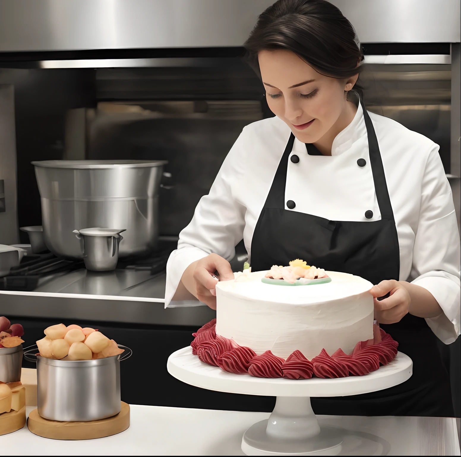 A renowned chef creating cake, she's brunette and strong