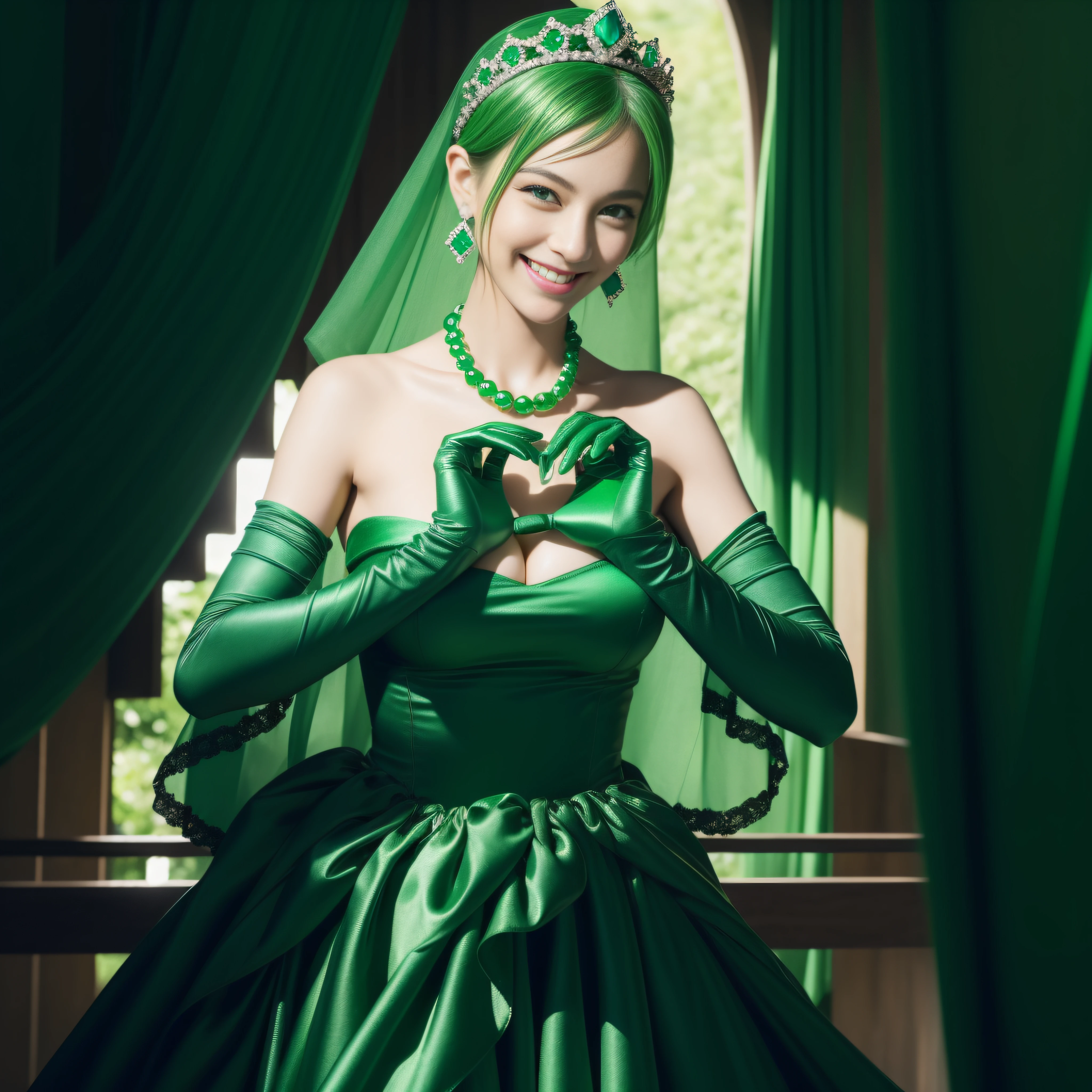 emerald tiara, Green Pearl Necklace, Boyish very short green hair, lipsticks, Japan woman smiling, very short short hair,  big breasts beautiful, Green eyes, Long green gloves made of satin material, Green eyes, Emerald Earrings, green vale, Heart with both hands