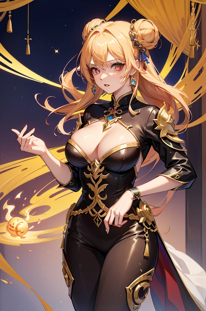 (Personagem feminina de League of Legend, Estilo de arte Hyper League of Legend), Female Angel Goddess, ((alta qualidade seda chiense vestidos, Chinese Style Hairstyle, vison scraf, colar dourado, silk clamp, fita, leggings de seda branca, colar)), (preto twin bun estilo de cabelo, pupila marrom, Chinese Style Makeup, Forma perfeita do corpo), (Coercion Idol Aura, efeito turvo), (Obras, Mundo de fantasia, Hyper res), Courtyard background
