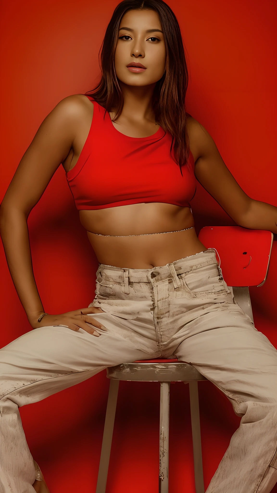 arafed woman sitting on a red chair with her hands on her hips, wearing a sexy cropped top, exposed midriff, bare midriff, wearing crop top, wearing a cropped tops, tinyest midriff ever, wearing a cropped top, wearing a crop top, beautiful midriff, crop top