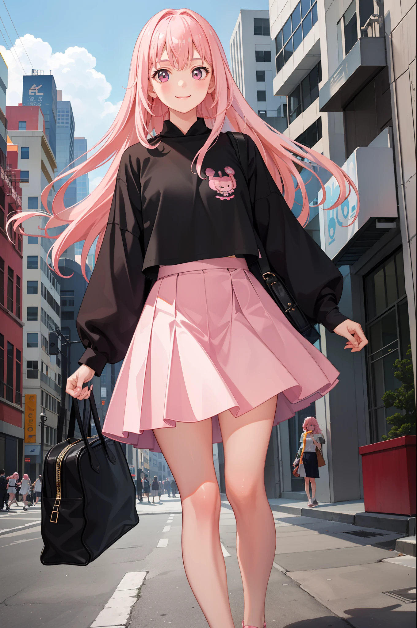 1 girl, smile, shirt, skirt, (small) chilarism, light pink hair,