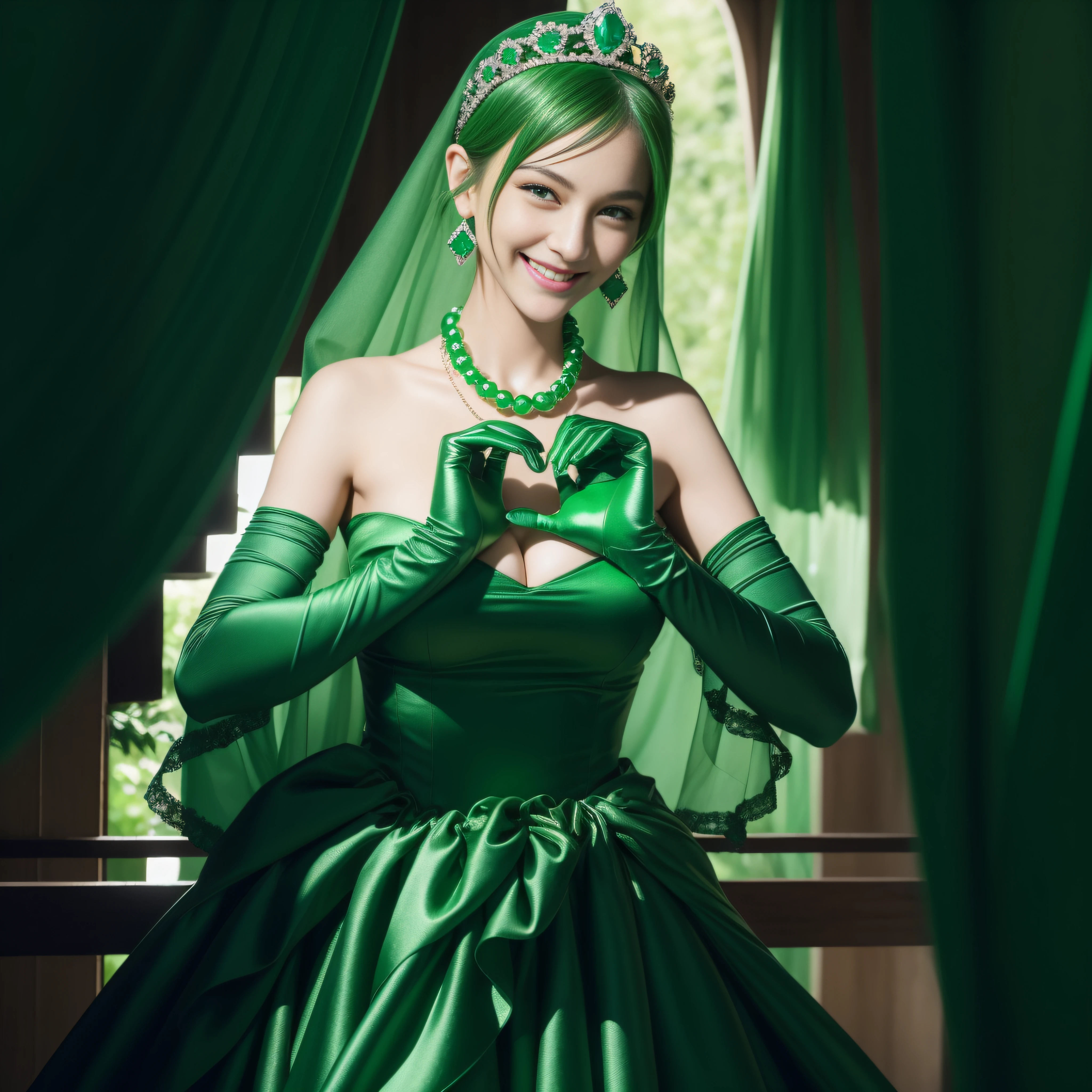 emerald tiara, Green Pearl Necklace, Boyish very short green hair, lipsticks, Japan woman smiling, very short short hair,  big breasts beautiful, Green eyes, Long green gloves made of satin material, Green eyes, Emerald Earrings, green vale, Heart with both hands