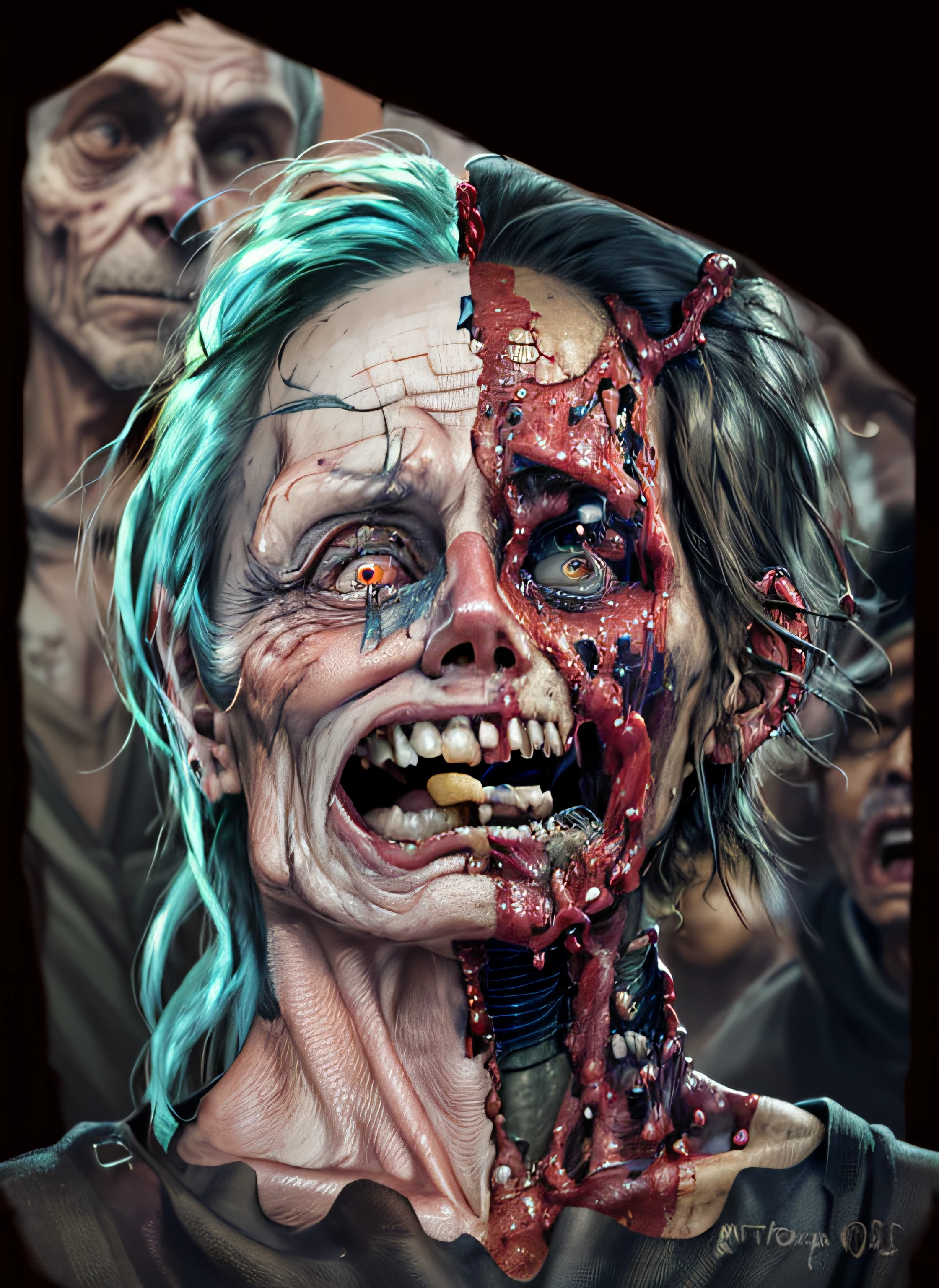 A closeup of a person with a fake face and a piece of food, decaying face, face deformada, pele gooey, Duas Caras, inspirado em Arnold Mesches, cara de horror, Rob Bottin, cara de zumbi, inspirado em Peggy Bacon, arte surreal de horror, arte de terror digital, derretimento do rosto, Rosto derretido