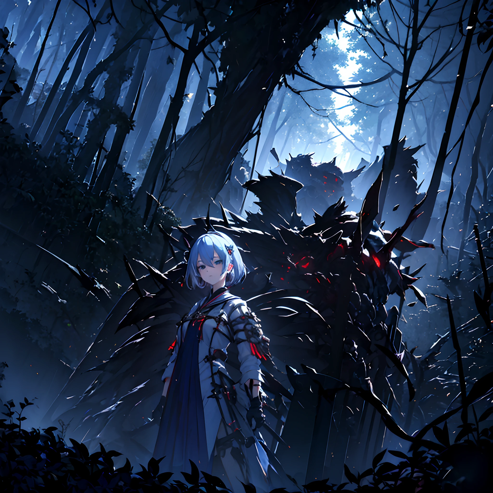1 girl, solo, Hoshimachi_Suisei, cool mouth mask, black cloth mask, white hair with azure tips, short hair, sidebangs, hair between eyes, red eyes, bloodshot eyes, small breasts, tattered and torn starry blue robe with high-neck, red light knight armour, evil aura, disgusted face, low angle, alien-like forest, burned down trees, violet flames, wind magic