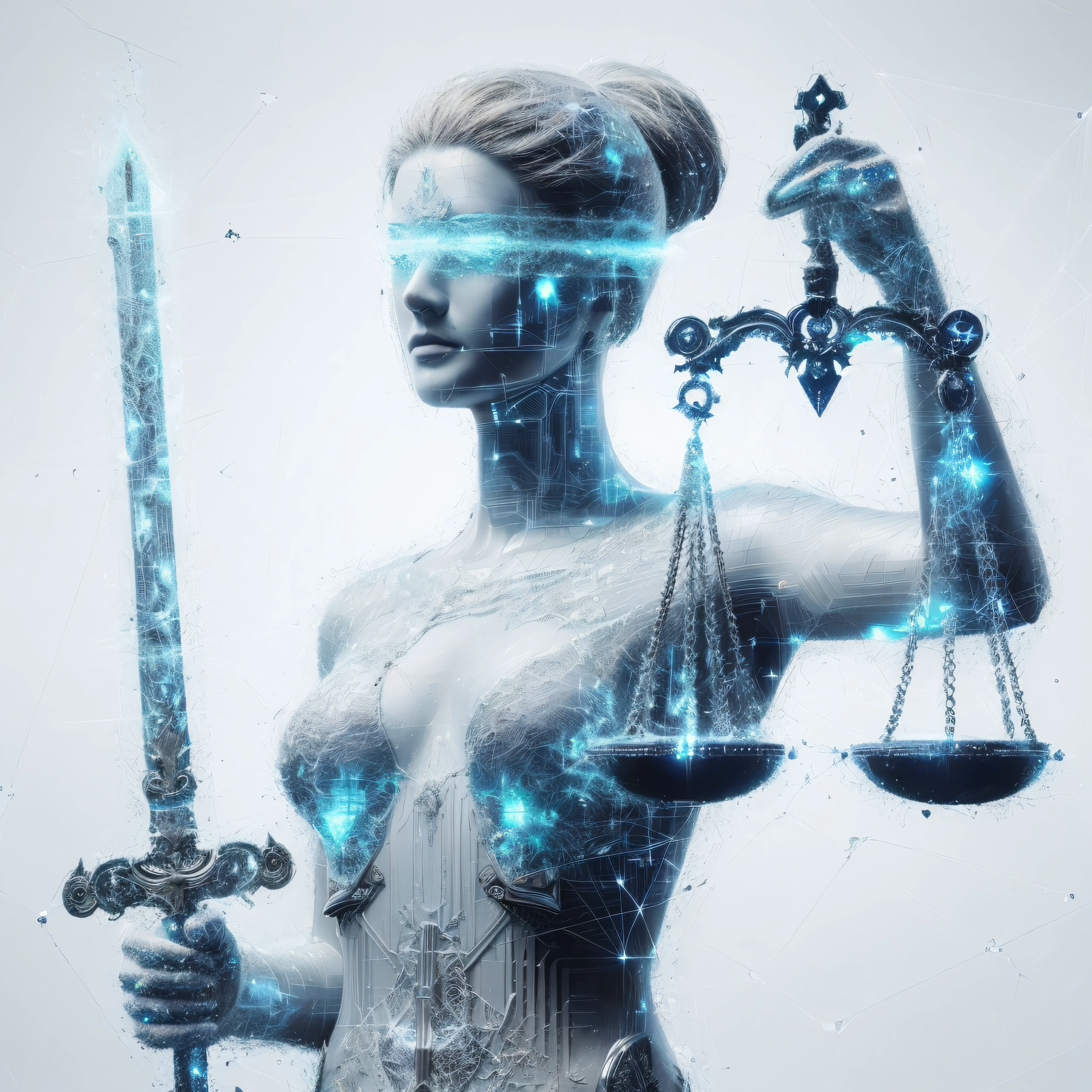 A Deusa do Direito estilo digital futuro, de olhos vendados, Holding a holographic sword and a holographic scale balanced and aligned perfect She's in the futuristic digital ethyl. she is standing, It's all made up of a network of interconnected data streams, The entire image of the network and holograms has thick strokes and blue color. Art is digital, poucos elementos, de fundo branco, .png, simples e limpa, realista