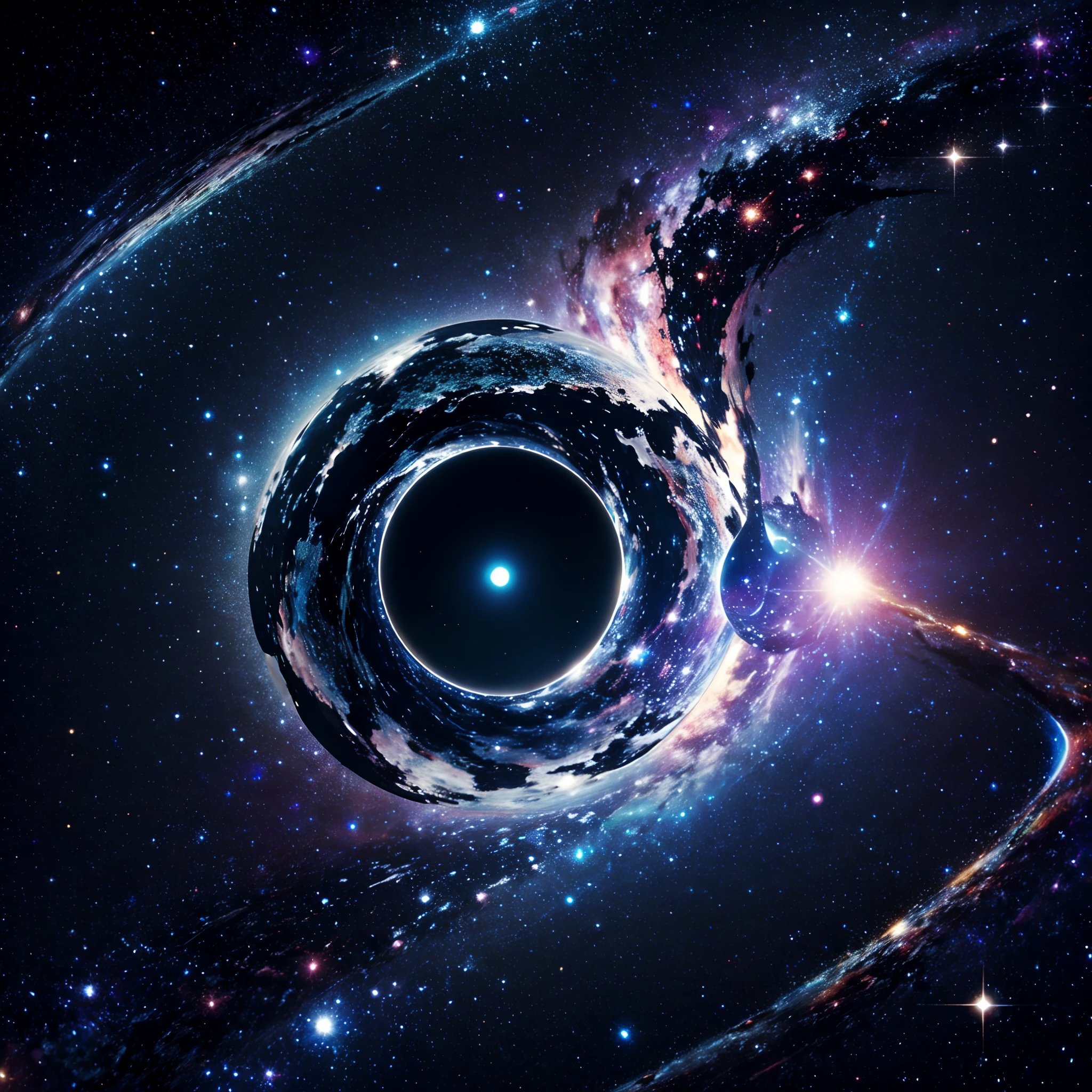 Masterpiece, best quality, space, stars, stardust, cosmic, particles, [black circle: dark hole],light distortion,