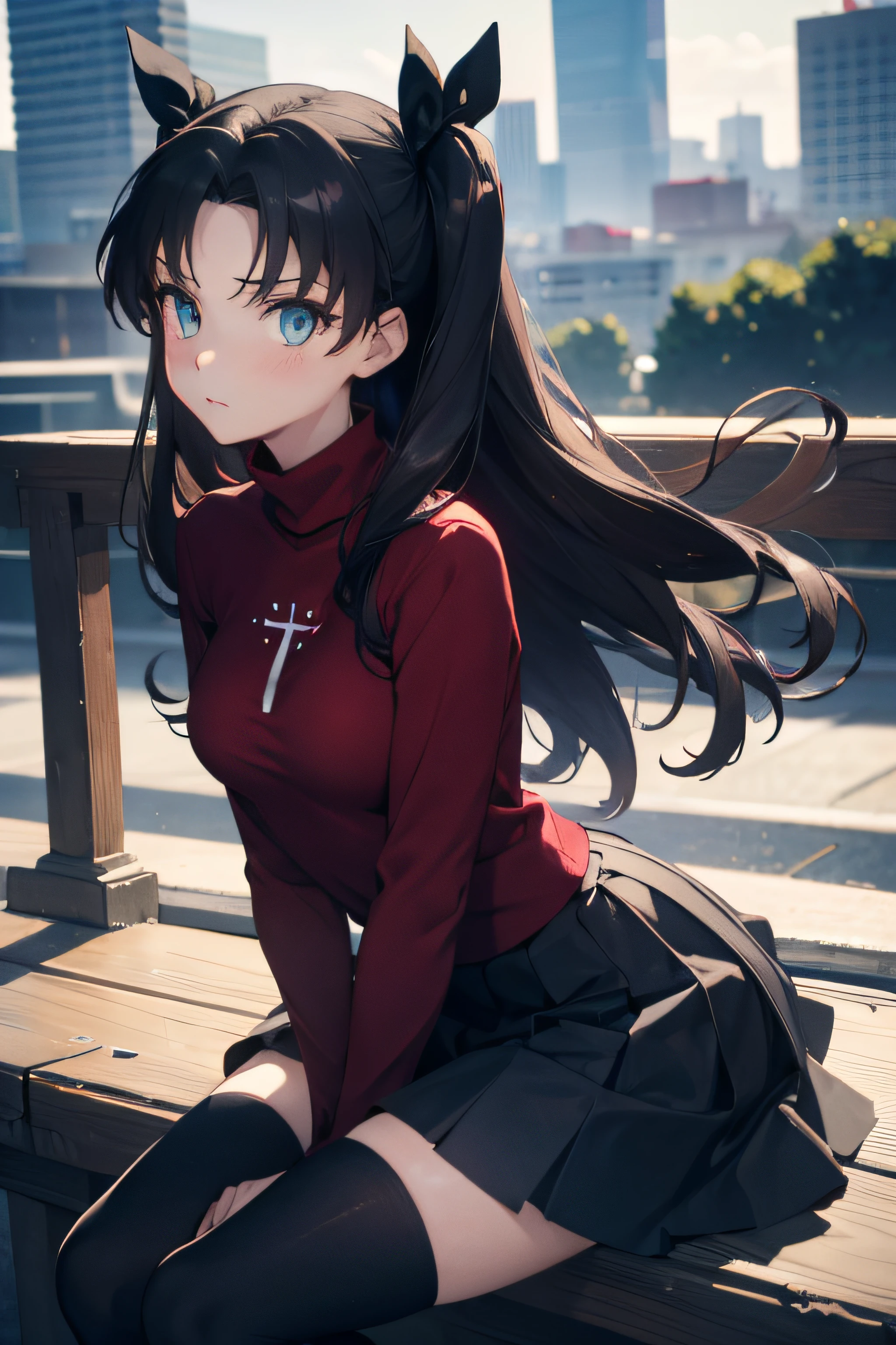 (masterpiece), best quality, expressive eyes, perfect face, 1girl, solo, rintohsaka, rin tohsaka, aqua eyes, black hair, hair ribbon, long hair, ribbon, sidelocks, two side up, black skirt, black thighhighs, long sleeves, miniskirt, pleated skirt, ((red sweater)), skirt, sweater, thighhighs, turtleneck, city background, sitting, character sheet, upper body, portrait, looking at viewer