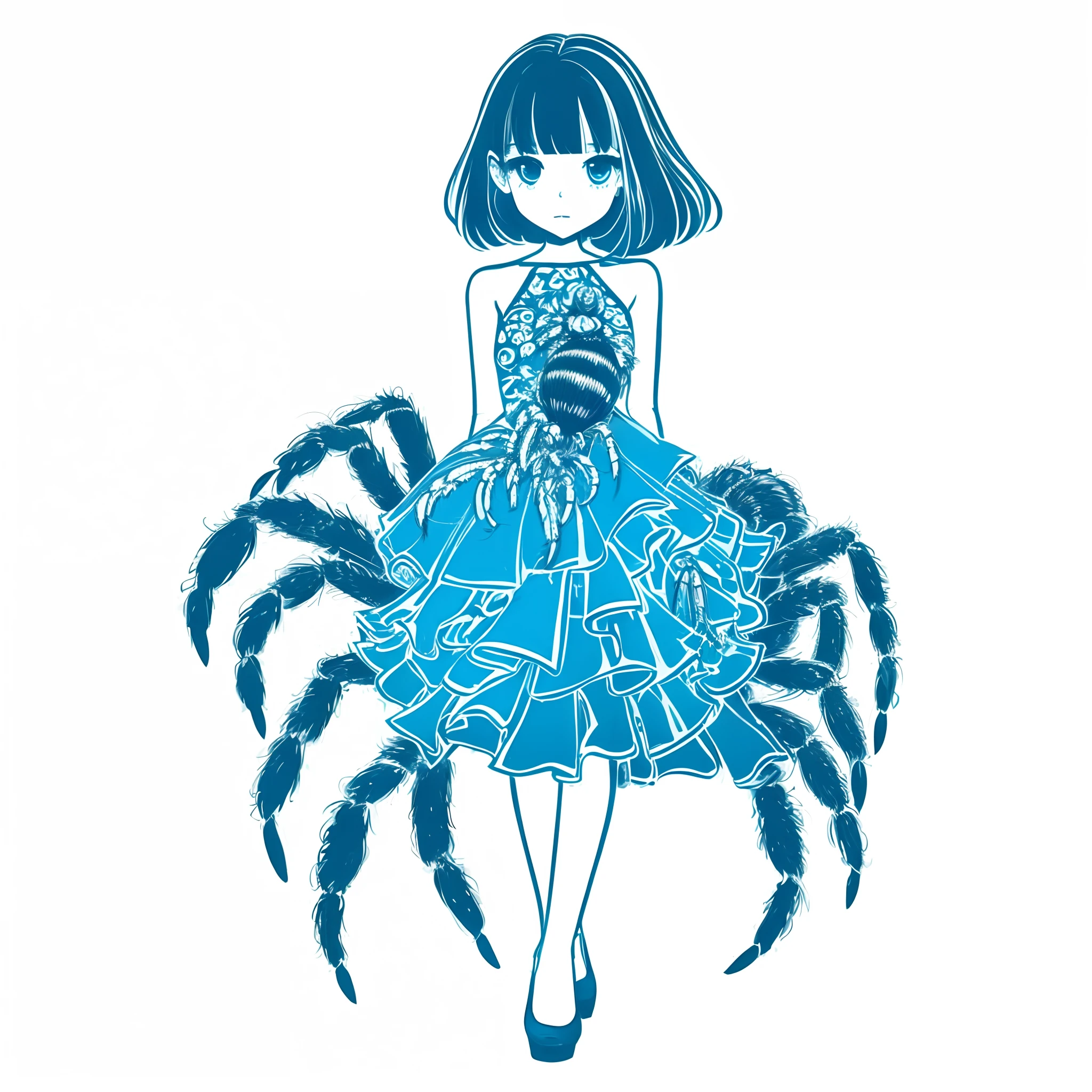 A girl in a dress. Her dress has elements of a tarantula. Her image color is blue. She has medium hair.