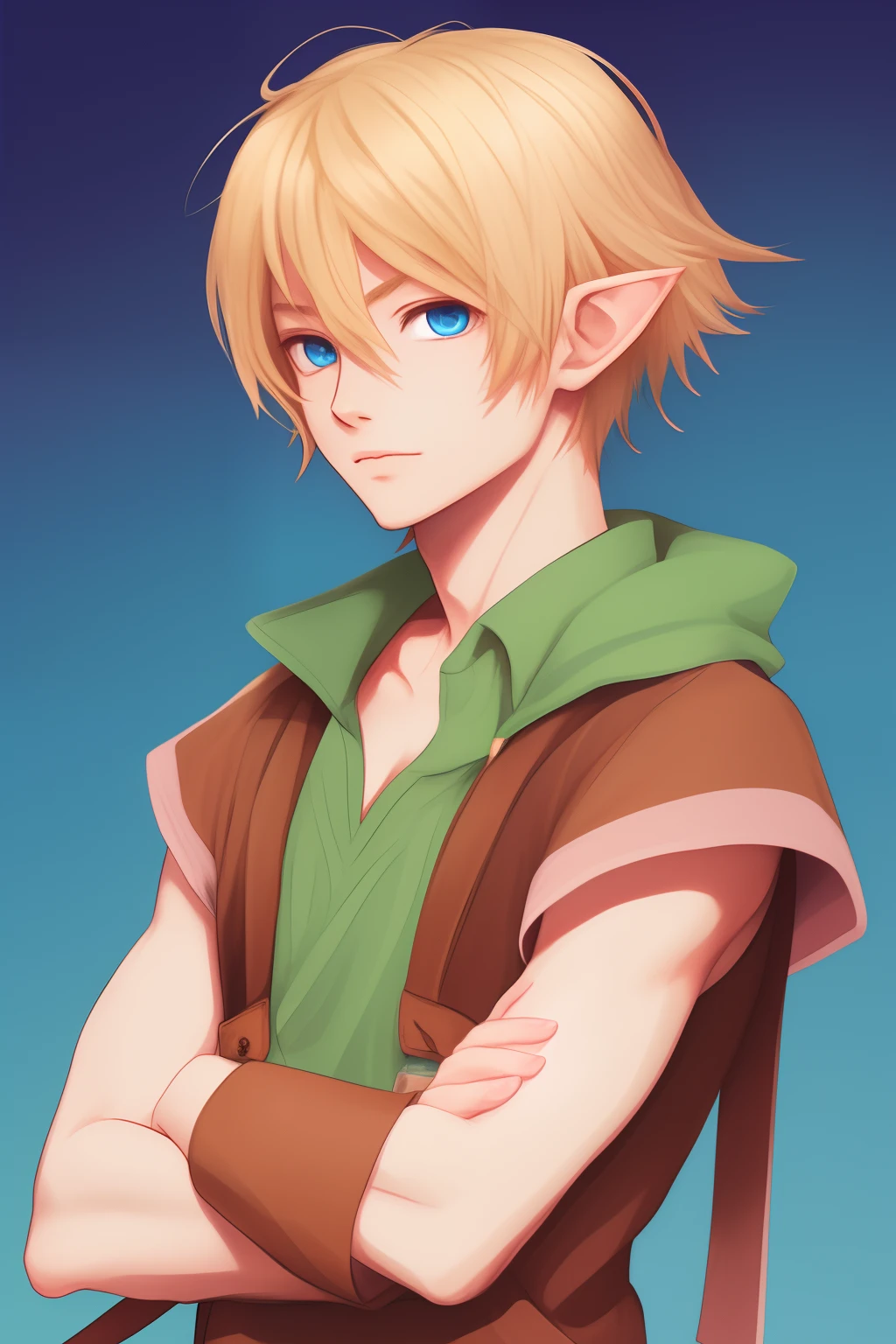 anime elf boy with blonde hair and blue eyes. his outfit is pink