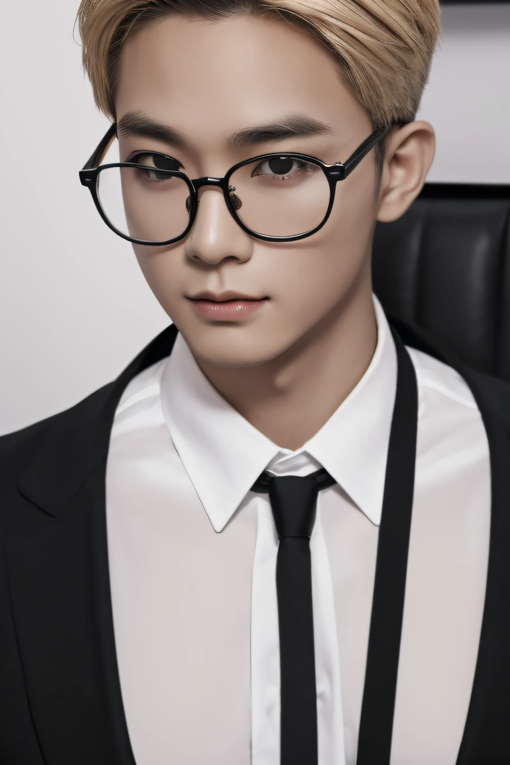 masutepiece,Best Quality:1.2,high detailing,1 male,Handsome,Glasses,bare upper body,Black tie,short blonde hair,Office,Ambient Occlusion,muscular male,Detailed face,Black eyes,Looking at Viewer,manly,
