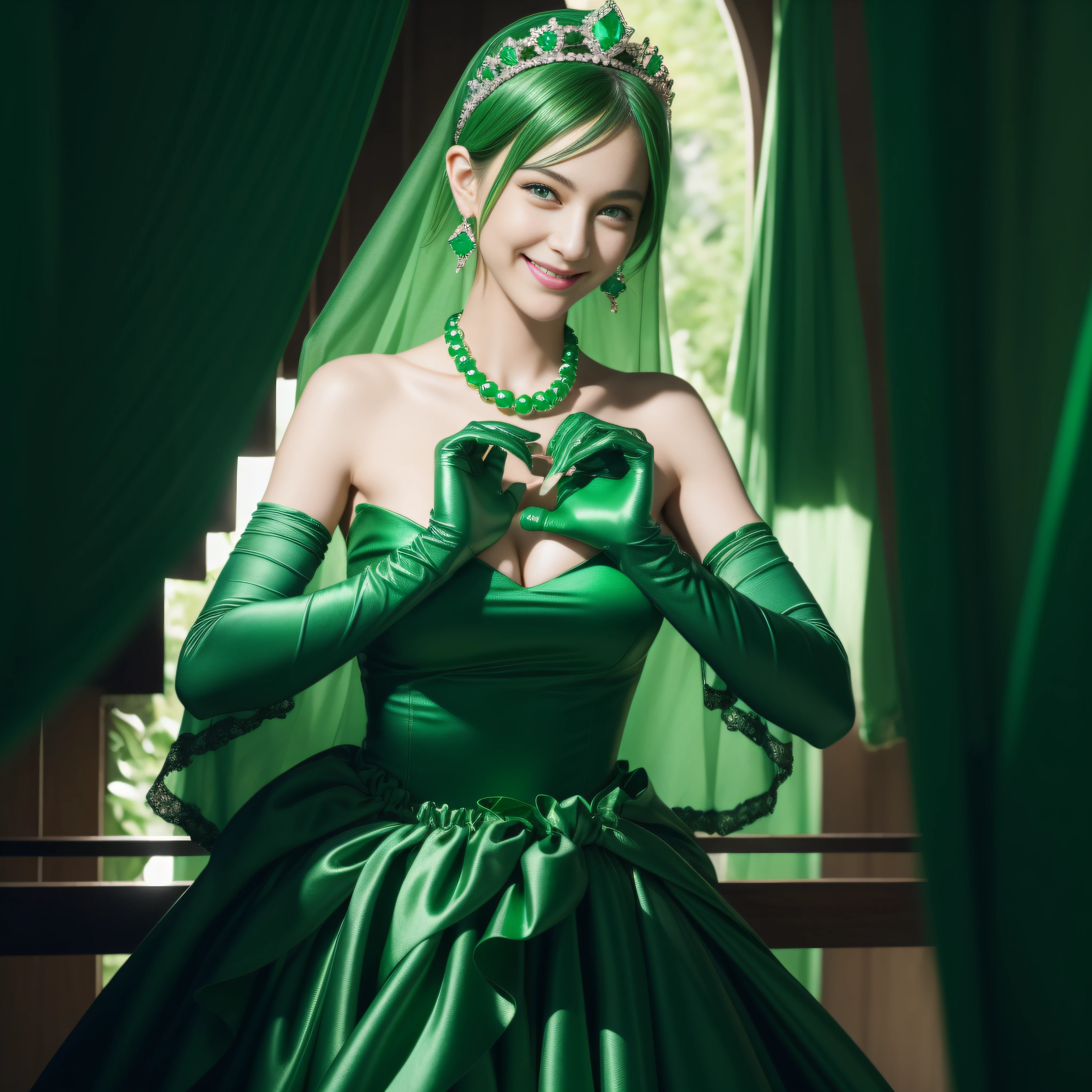 emerald tiara, Green Pearl Necklace, Boyish very short green hair, lipsticks, Japan woman smiling, very short short hair,  big breasts beautiful, Green eyes, Long green gloves made of satin material, Green eyes, Emerald Earrings, green vale, Heart with both hands