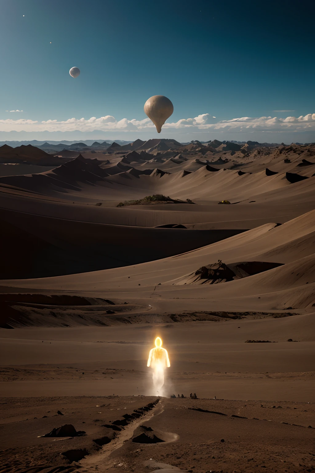 Surreal beings walking on an unknown planet surface in a mysterious atmosphere teeming with enchanting fauna, Futuristic and organic spaceships and colorful winged beings flying in the background, imagem complexa cheia de detalhes intrigantes, High image quality and definition, cinematic and realistic
