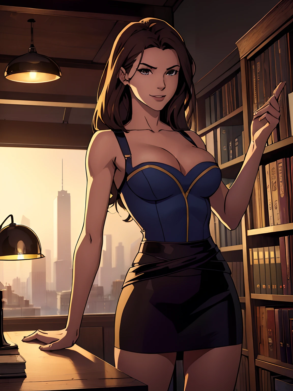 (masterpiece, top quality, best quality, official art, beautiful and aesthetic:1.2), (1girl:1.3), (gorgeous face), age19, long light brown hair, honey colored highlights, hazel eyes, brown eyes, tanned skin, C-cup, full breasts, slender body, (full body:0.6), detailed background, close up, (airy modern theme:1.1), arched back, flexing, smirk, mysterious, standing in a bookstore, cropped top, skirt, wet, dress, city skyline, well-lit, slim waist, slim hips, long legs, modern, background, dark mysterious lighting, shadows, magical atmosphere, high angle,