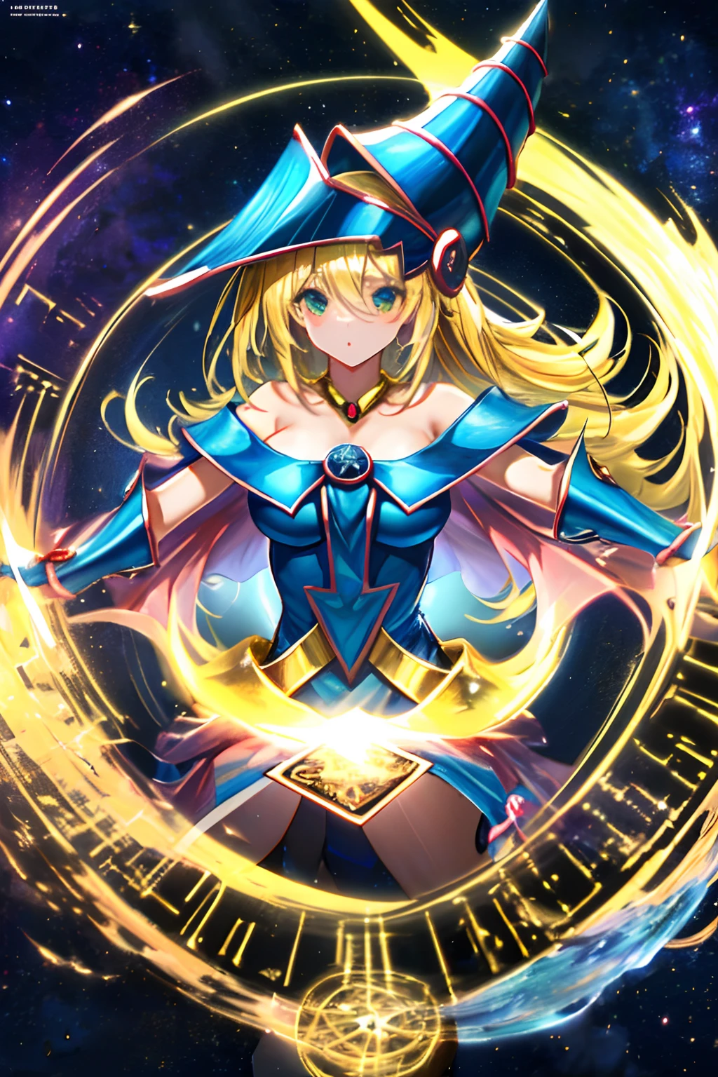 Un mago negro flotando tiernamente, magical aura, Fantastic background, Runas brillantes, (( una carta de Yu-Gi-Oh debajo)), giving the impression that she has been summoned,epic composition, (Intrincado alto detalle), (complex design, Ultra-detalles :1.2), Art Station, (obra maestra, la mejor calidad), Ultra HD, 32K ,octanaje renderizado, bioluminiscente,8K concept art resolution, realismo,por Mappa studios,obra maestra,la mejor calidad,Arte oficial,illustration,clear line,(Fresco_Color),Perfectcomposition,Absurdo, fantasy,( debajo hay un mapa de Yu-Gi-Oh), Diagramas