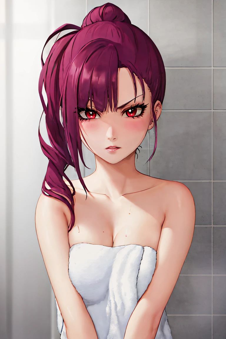 ultra-detailed, clear picture, shower room intense lighting, Riruka, detailed red eye, detailed face, woman in her 20s, Mature woman, medium breasts, wearing only a towel, wrapped in towel, mid body wrapped in towel, fluffy towel, Her expression radiates a fit of anger, tsundere, wet, detailed eyes, magenta hair, magenta eyes