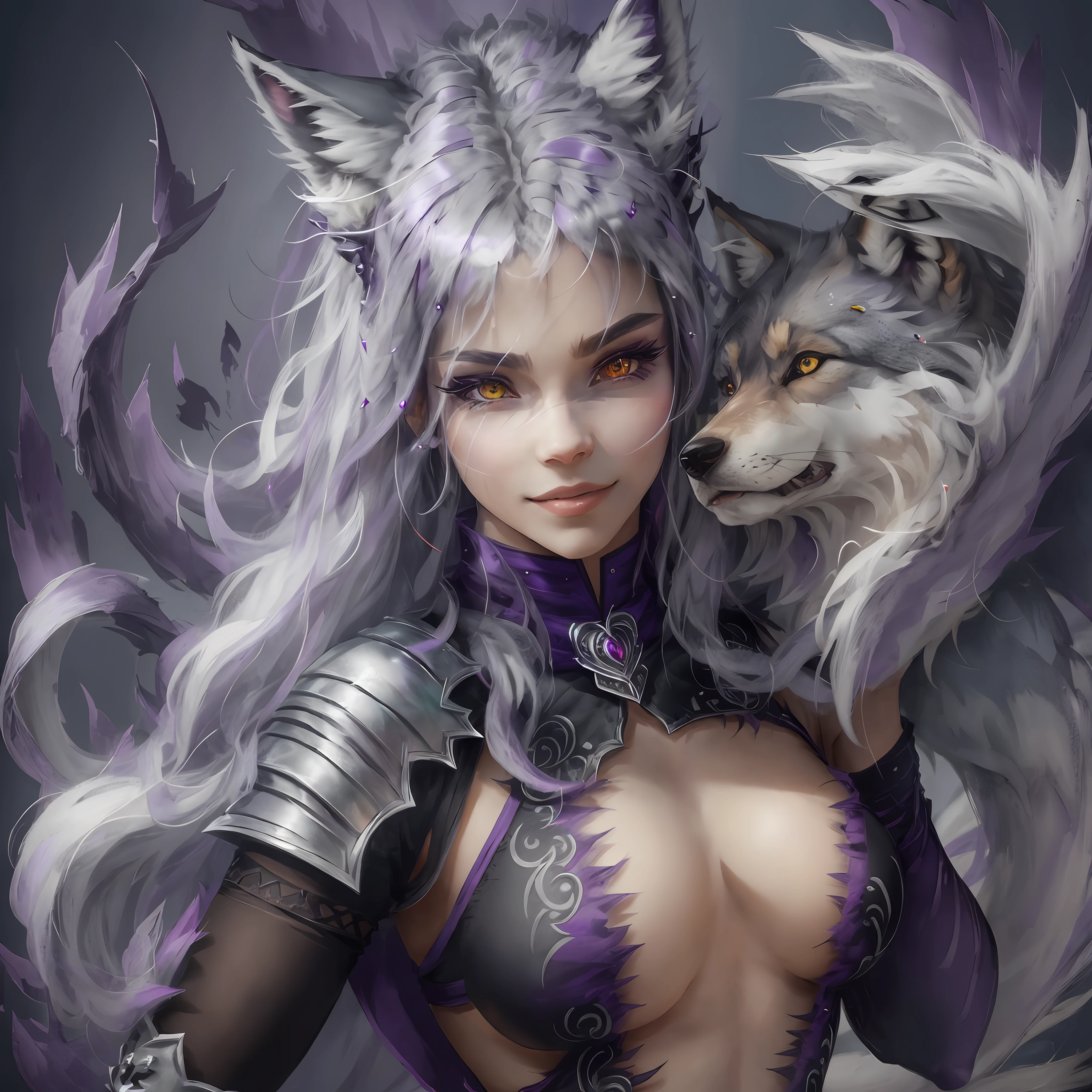 woman, solo focus, medium breasts, half drag, red eyes, purple eyeshadow, light gray long hair with green locks, choker, eyelashes, detailed hands, detailed anatomy of the hands, (red short top), (purple and black leggings), bare stomach, (red shorts), detailed eyes, expressive eyes, smiling, solo, full body, (red boots), fingerless gloves, (black and purple arm warmers), wolf ears, white hairy neck, gray hairy body, gray hairy legs, gray hairy arms, white hairy face, anthropomorphic wolf, 1 girls, antrum, female, hairy, hairy, hairy hair, infernal dog, looking at the viewer, diaphragm, smiling, solo, wide hips, wolf, wolf ears, wolf girl, wolf tail, ((wolf)), antrum, bipedal, black shadow, medium breasts, shadow, female, skin, makeup, mammal, black nose, smile, (((soil))), humanoid, animal ears, hairy, medium breasts, masterpiece, HD, best quality, white hair, hair all over the body, smooth hair, humanoid wolf, humanoid hell dog. --auto --s2