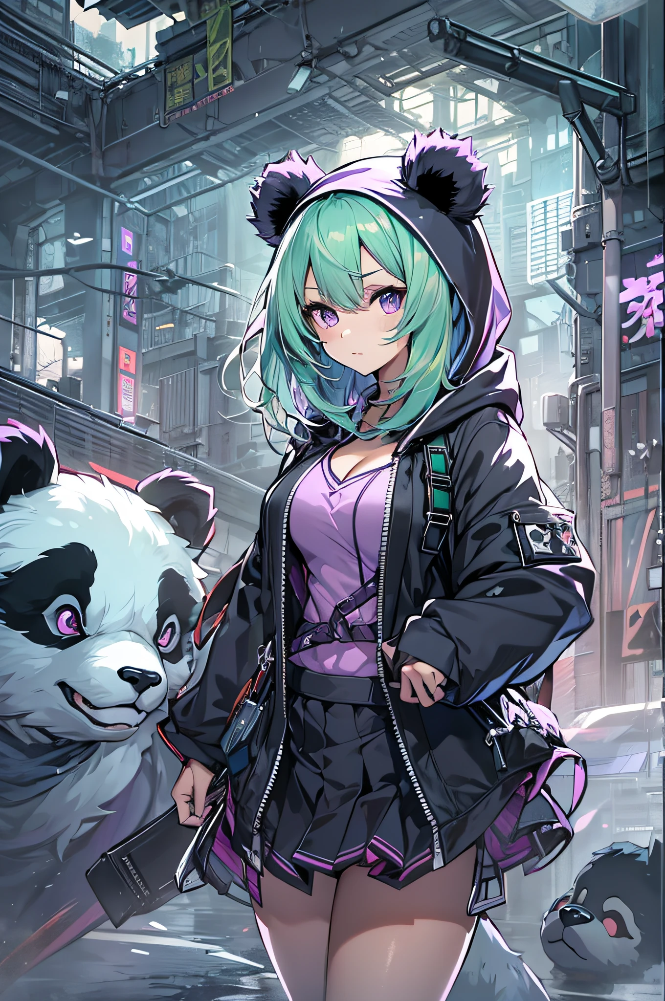anime girl, busty, black hood with bear ears, purple eyes, mint green hair, dynamic pose, stunning, beautiful, holding panda, PURPLE