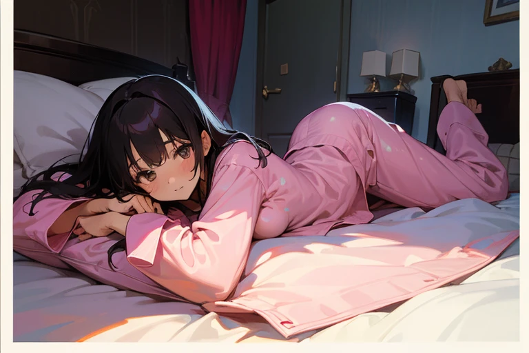 (1 girl), dark hair, bedroom bed in background, pajamas, lying on back, cute, gravure pose