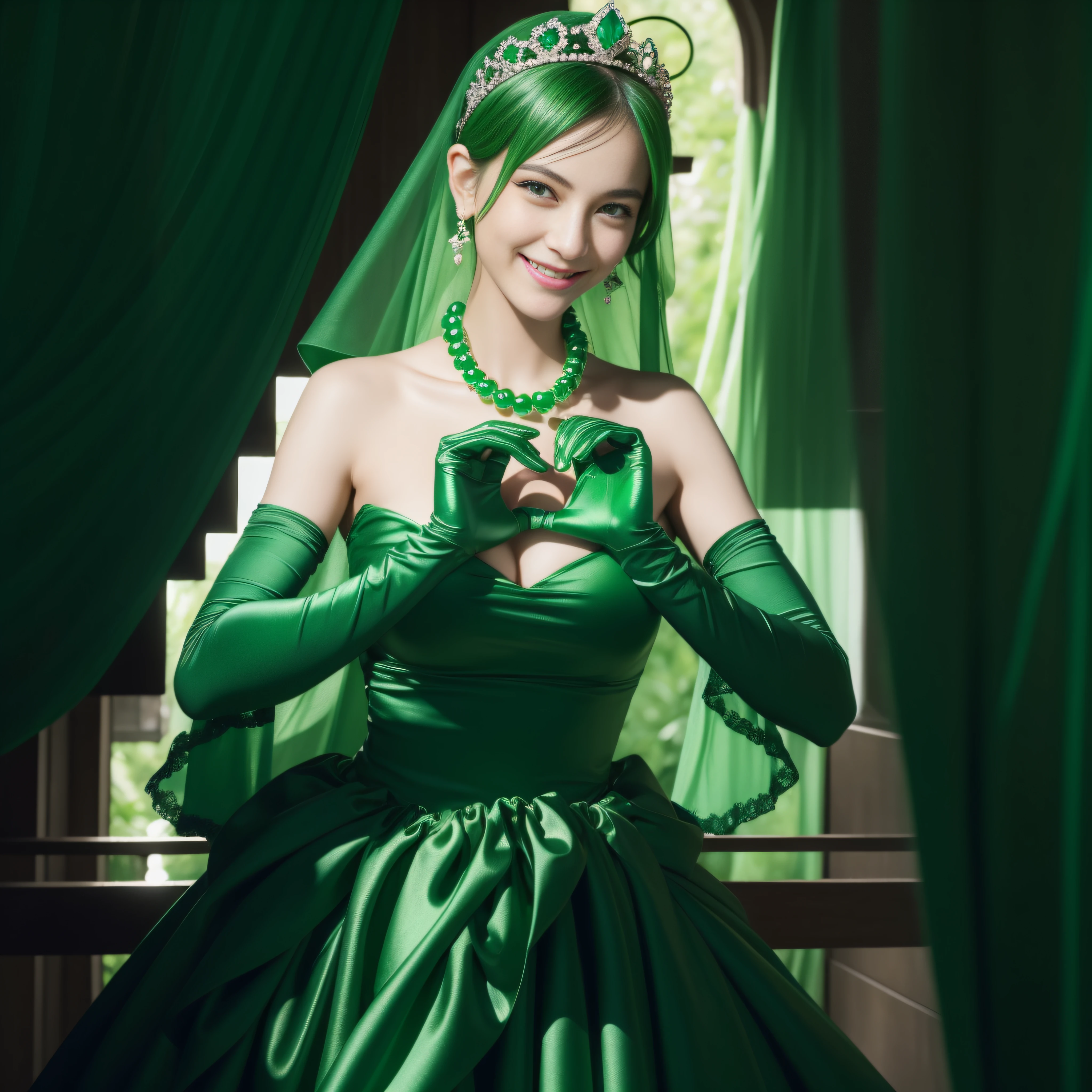 emerald tiara, Green Pearl Necklace, Boyish very short green hair, lipsticks, Japan woman smiling, very short short hair,  big breasts beautiful, Green eyes, Long green gloves made of satin material, Green eyes, Emerald Earrings, green vale, Heart with both hands