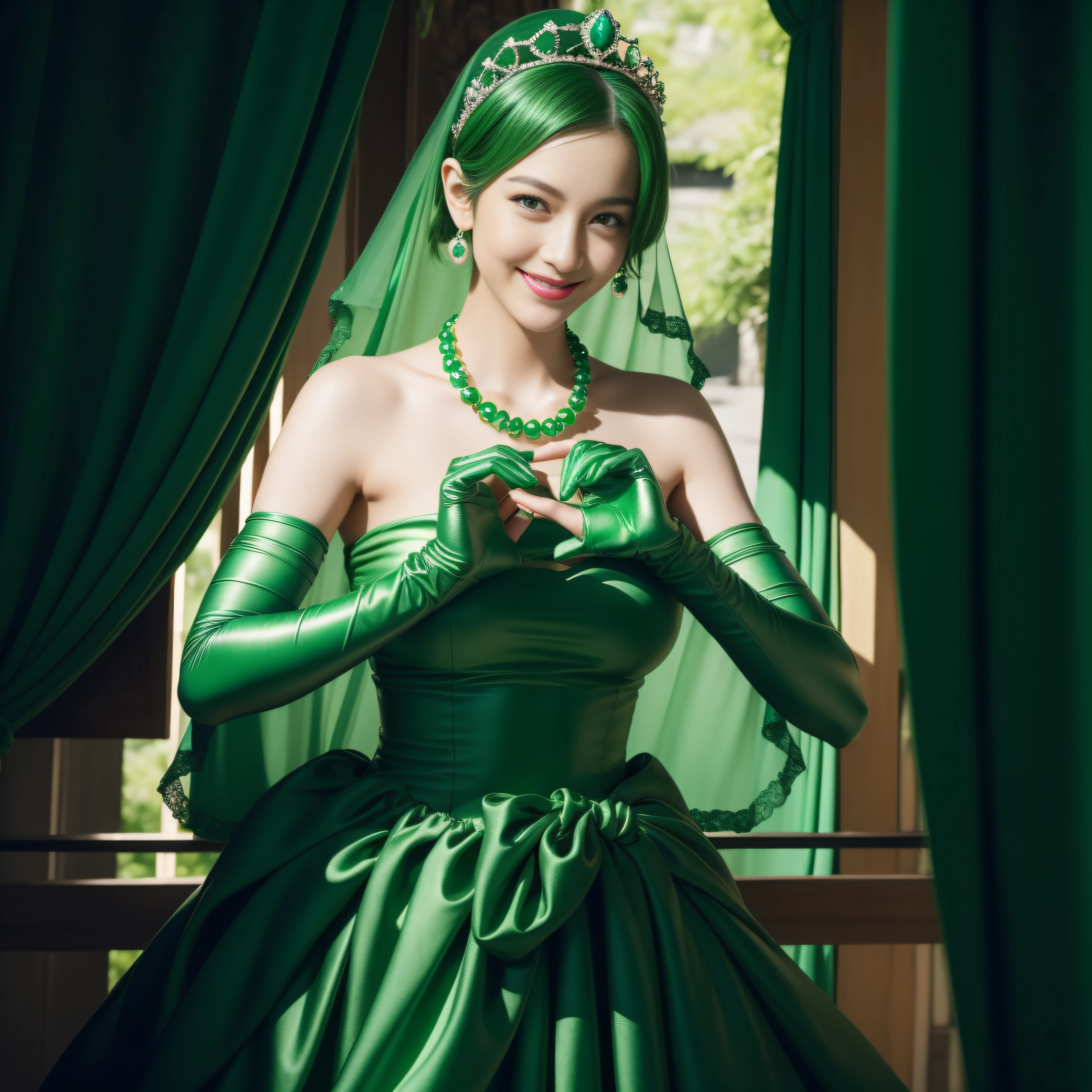 emerald tiara, Green Pearl Necklace, Boyish very short green hair, lipsticks, Japan woman smiling, very short short hair, big breasts beautiful, Green eyes, Long green gloves made of satin material, Green eyes, Emerald Earrings, green vale, Heart with both hands