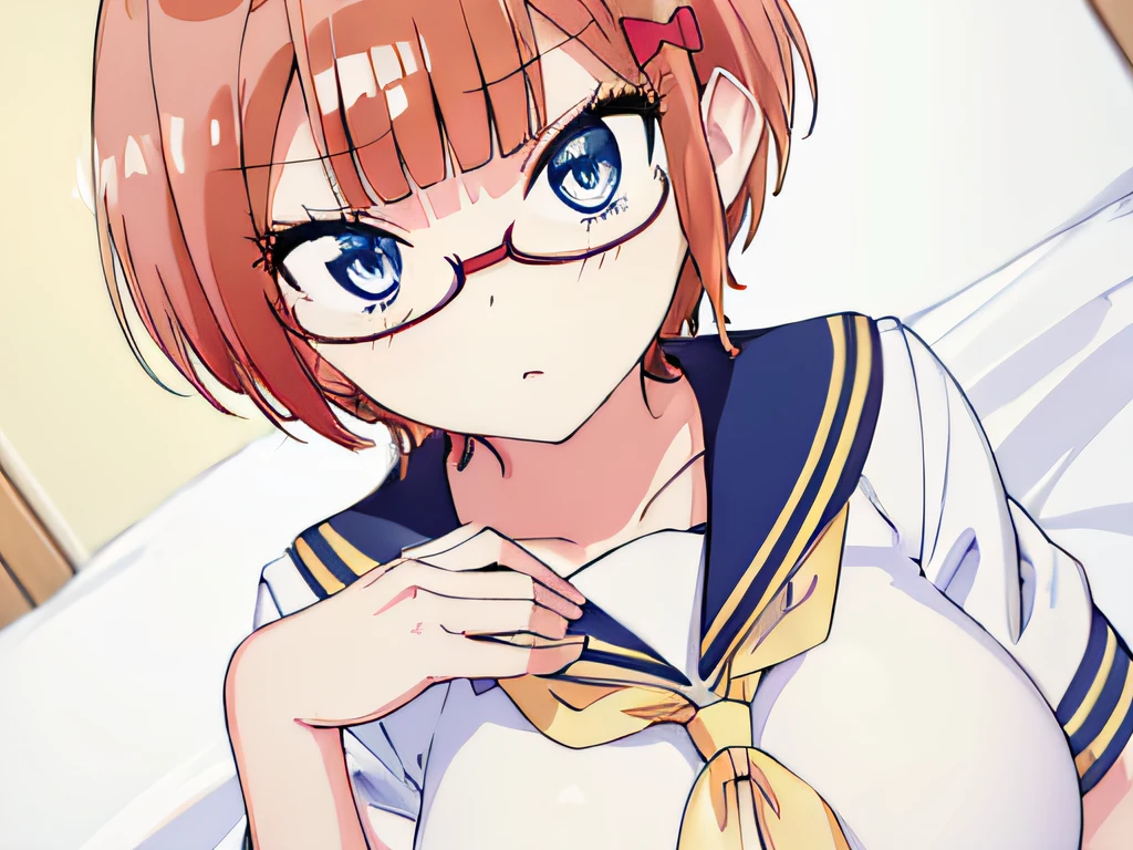 ((masterpiece)), ((best quality)), (ultra-detailed), on the bed, a cute girl, 1girl, solo, sailor suit, ((beautiful eyes)), short hair, large breast