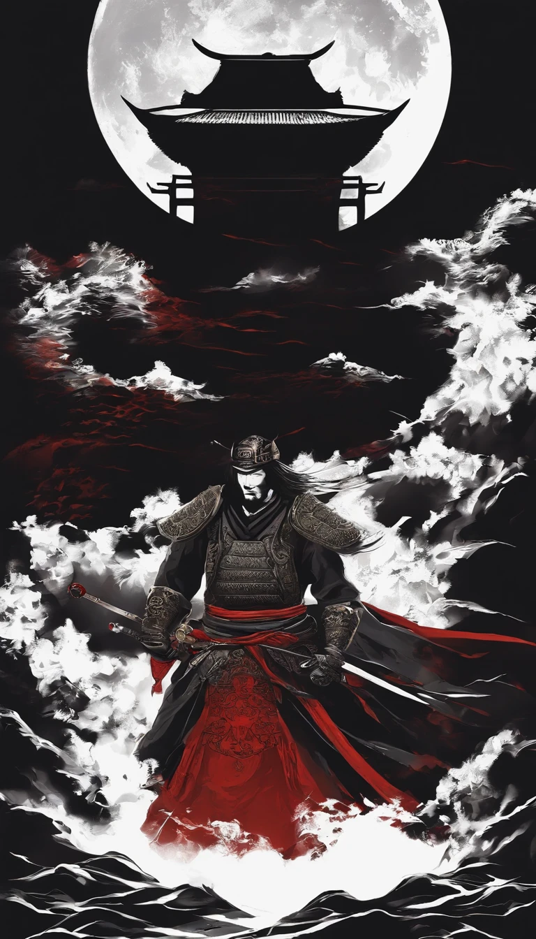 Nur Umrisse: Samurai in dunkler Kleidung, Moonwarrior, Verschleiert, Flug-Komponenten, mit einem leuchtend roten Schwert, Nebeneinander, Hintergrund dunkel, Ich. Nur die Umrisse. All black and white except for the red of the sword. The sword is said to appear blood-soaked. Im Design eines Markenlogos. schlicht. Animestyle