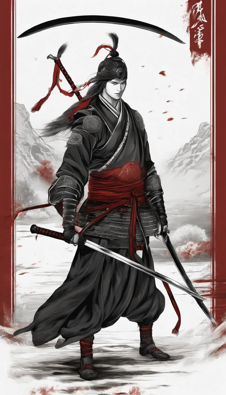 Nur Umrisse: Samurai in dunkler Kleidung, Moonwarrior, Verschleiert, Flug-Komponenten, mit einem leuchtend roten Schwert, Nebeneinander, Hintergrund dunkel, Ich. Nur die Umrisse. All black and white except for the red of the sword. The sword is said to appear blood-soaked. Im Design eines Markenlogos. schlicht. Animestyle