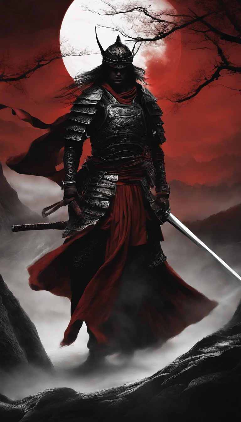Nur Umrisse: Samurai in dunkler Kleidung, Moonwarrior, Verschleiert, Flug-Komponenten, mit einem leuchtend roten Schwert, Nebeneinander, Hintergrund dunkel, Ich. Nur die Umrisse. All black and white except for the red of the sword. The sword is said to appear blood-soaked. Im Design eines Markenlogos. schlicht. Animestyle