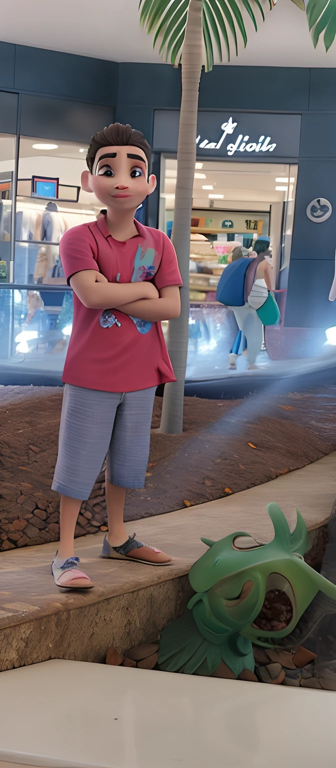 Arafed boy standing on a ledge in a shopping mall with a palm tree, em um shopping, em um shopping, aparecer em um shopping center, Alex, Reyyan, imagem de qualidade muito baixa, inspirado em Abidin Dino, in magnificent shopping mall, imagem desfocada, com vestimenta fashion, full body photogenic shot, standing in a city center