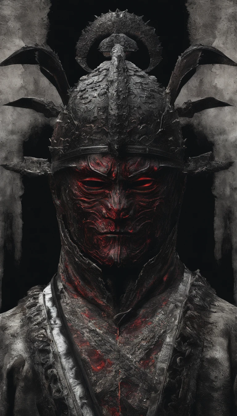 (best quality,4K,8K,hight resolution,Masutepiece:1.2),Ultra-detailliert,(realistisch,fotorealistisch,Fotorealistisch:1.37),Samurai des feudalen Japans in der Sengoku-Zeit, Wear samurai armor, Tragen einer schwarzen Samurai-Maske, Ein scharfes Schwert schwingen, It exudes a strong sense of intimidation, glowing red eyes, Mikawa-Knappe