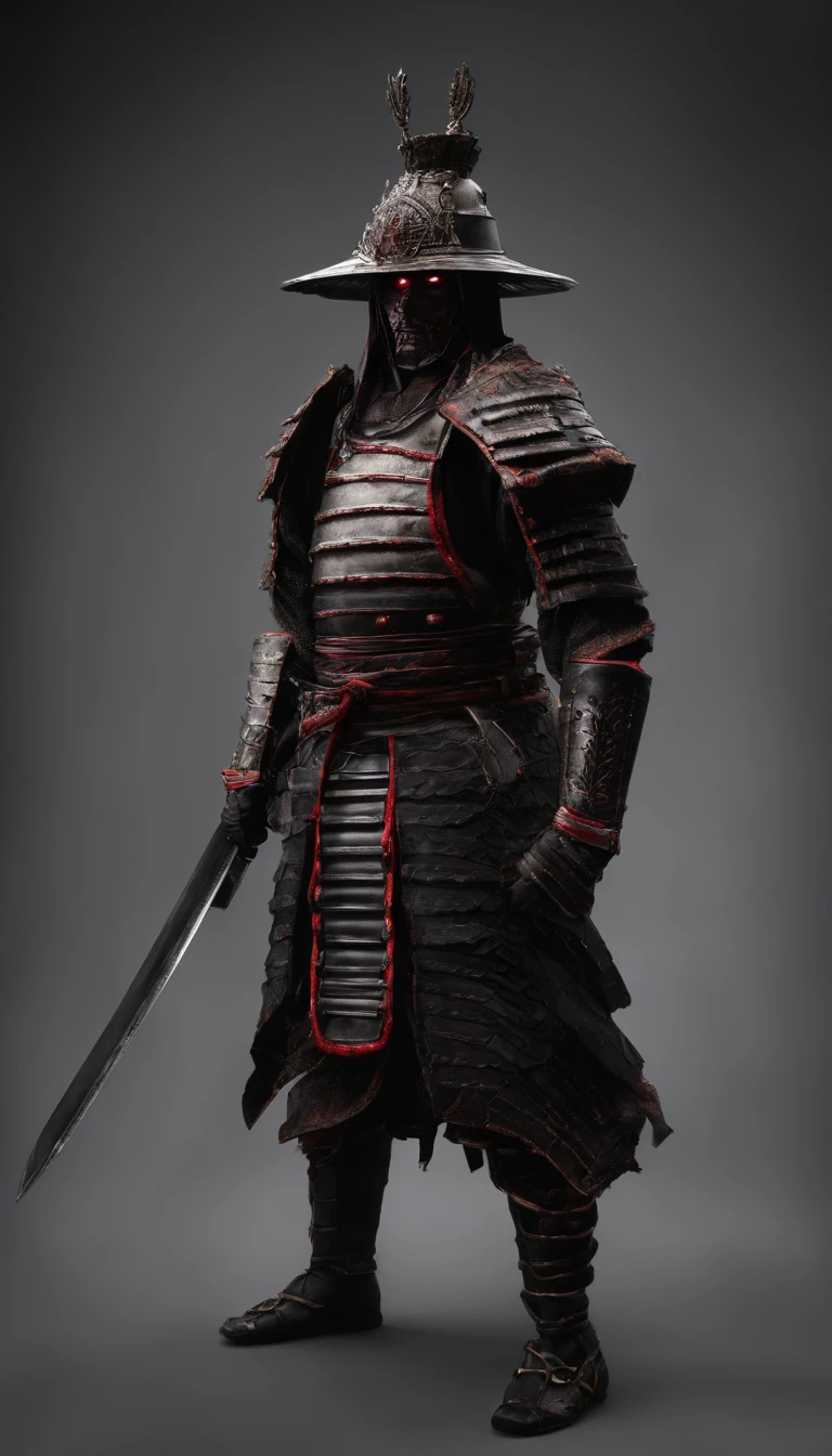 (best quality,4K,8K,hight resolution,Masutepiece:1.2),Ultra-detailliert,(realistisch,fotorealistisch,Fotorealistisch:1.37),Samurai des feudalen Japans in der Sengoku-Zeit, Wear samurai armor, Tragen einer schwarzen Samurai-Maske, Ein scharfes Schwert schwingen, It exudes a strong sense of intimidation, glowing red eyes, Mikawa-Knappe