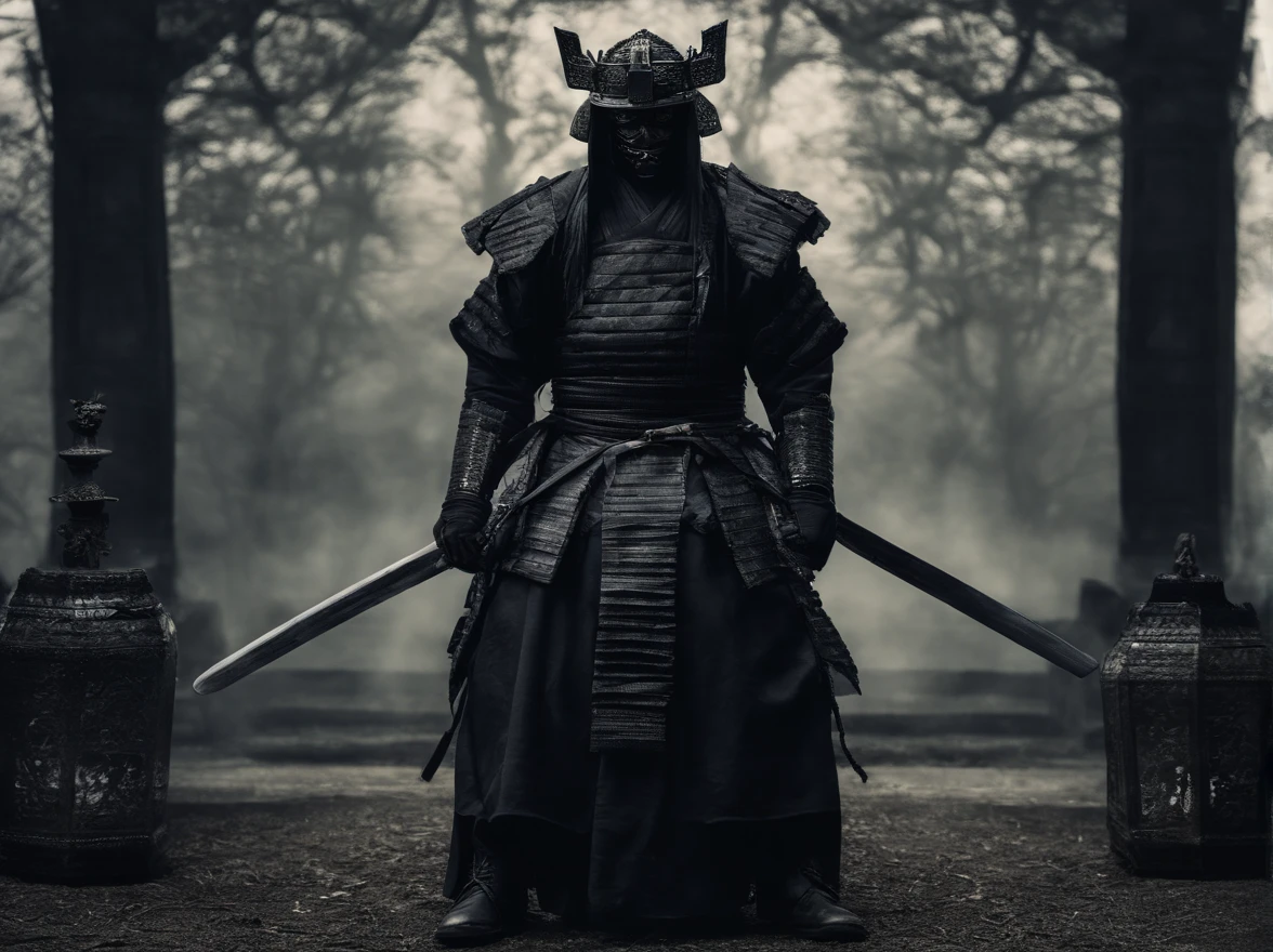 Samurai in a black samurai mask from the Sengoku period meditates on his lap(Meisterwerk) (8K High definition) (Top quality) (Ultra-Definition) (Foto roh) (Dunkler Hintergrund)