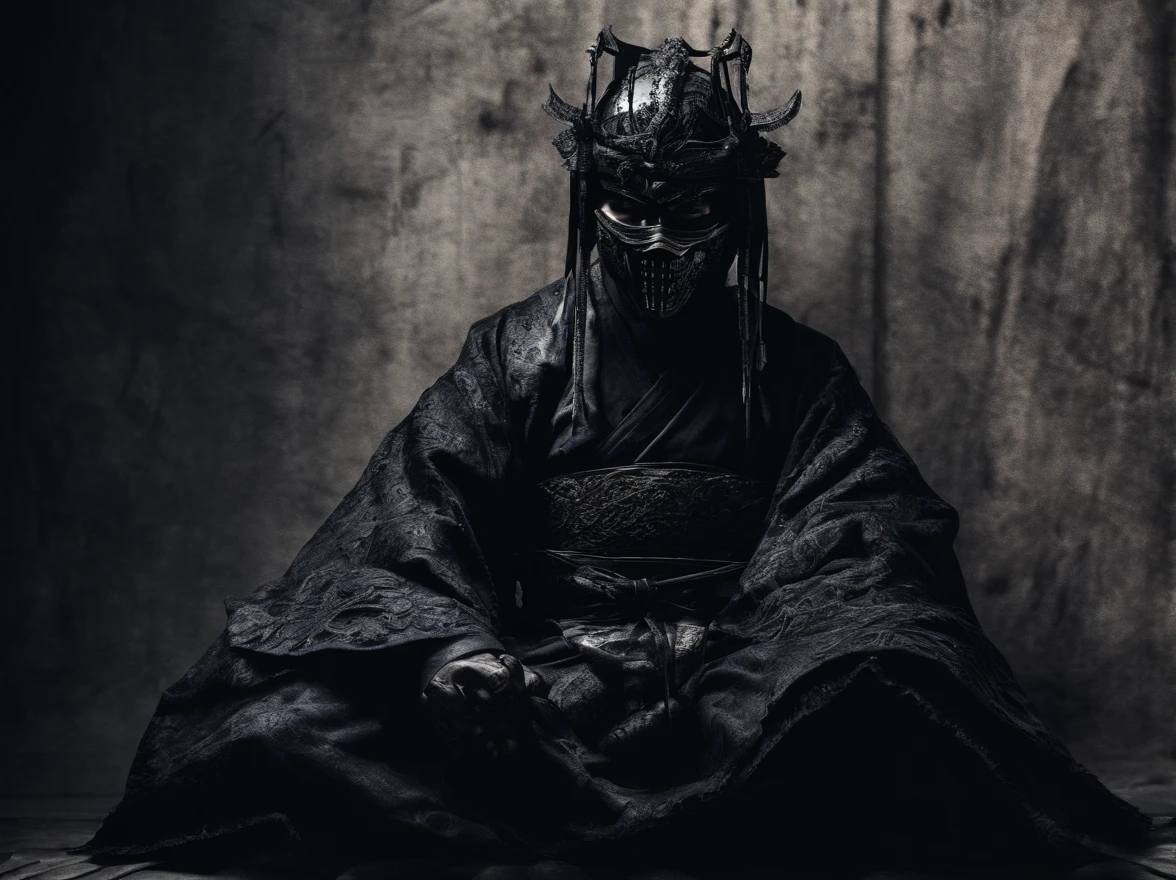 Samurai in a black samurai mask from the Sengoku period meditates on his lap(Meisterwerk) (8K High definition) (Top quality) (Ultra-Definition) (Foto roh) (Dunkler Hintergrund)