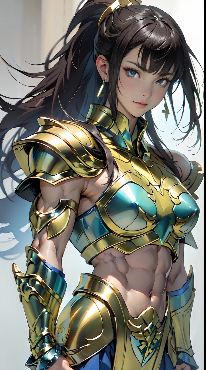 a beautiful girl, (saint seiya, Pegasus armor: 1.2), (abs: 1.3), (earrings:1.3), (asymmetrical bangs:1.3), ponytail hair, highly detailed face and eyes, masterpiece, Aesthetic, anime style drawing, by Ayami kojima, HDR, digital art, by Yusuke Murata.