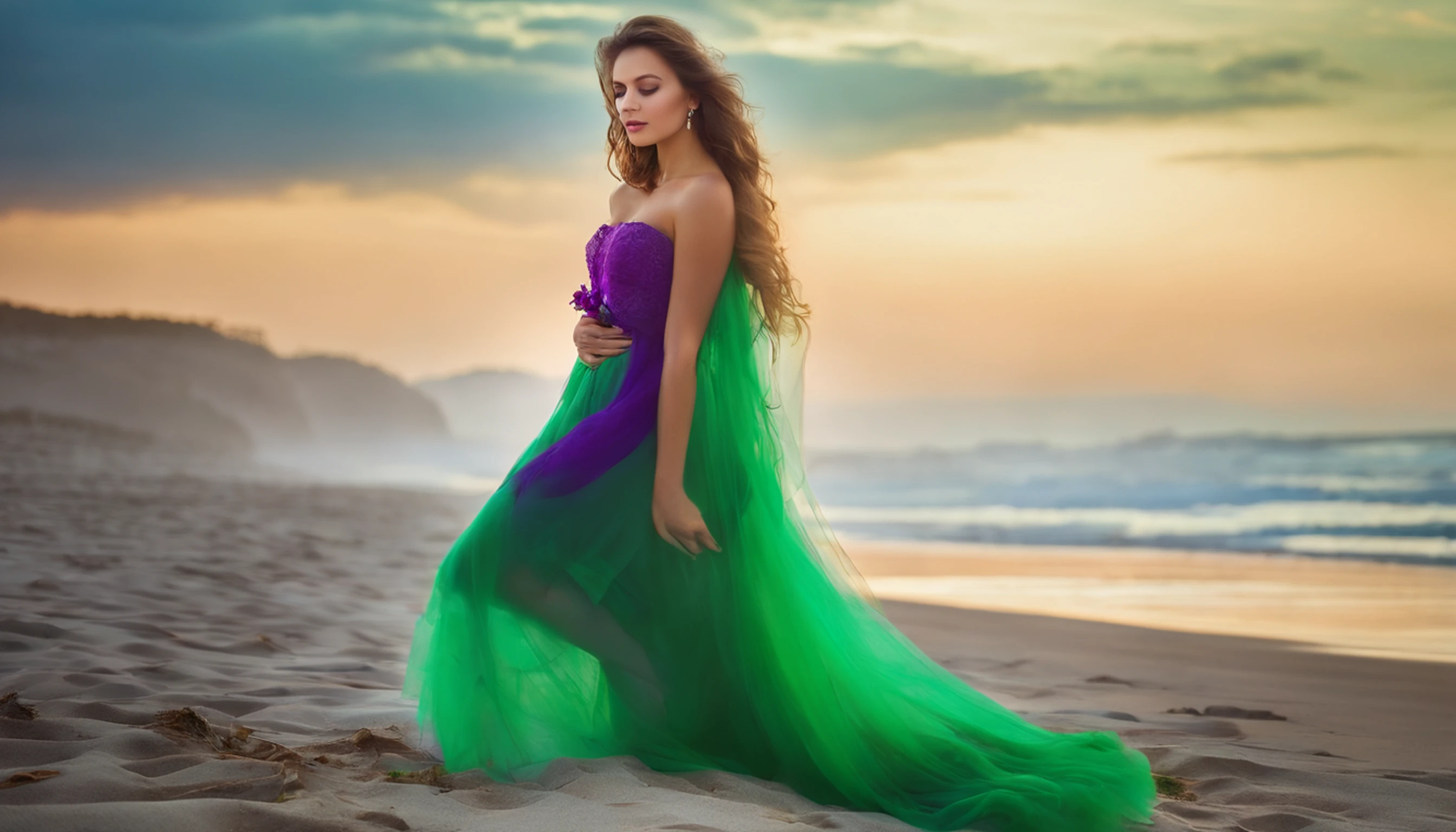 Beautiful Ukrainian beauty on the beach,Soft green and purple mist, Full body shot, Professional photography